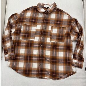 No Comment Plaid Flannel Shirt Women Large Oversized Button Down Brown Excellent
